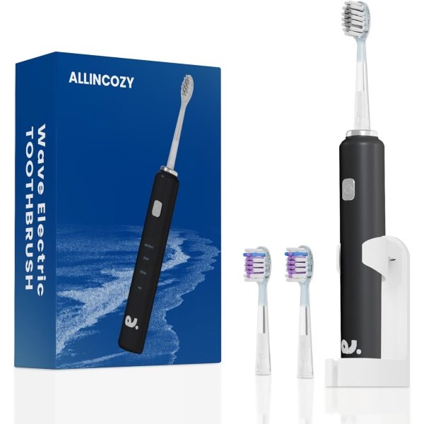 ALLINCOZY New Wave Oscillating Electric Toothbrush, Vibrating Wave Oral Brush, IPX7 Waterproof, Type-C, Gifts for Adults and Kids, Includes 3 Brush Heads and Wall Mount Bracket, Black