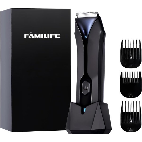 FAMILIFE Body Trimmer for Men, Ball Trimmer Men, Electric Groin & Pubic Hair Trimmers, Replaceable Ceramic Blade Heads, Waterproof Wet/Dry Use, Standing Recharge Dock, 90 Minutes Usage