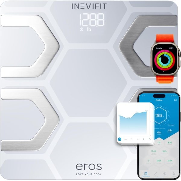 INEVIFIT EROS Bluetooth Body Fat Scale Smart BMI Highly Accurate Digital Bathroom Body Composition Analyzer with Wireless Smartphone APP 400 lbs 11.8 x 11.8 inch (White)
