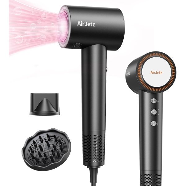 AirJetz Hair Dryer, 110,000 RPM High-Speed Ionic Blow Dryer for Fast Drying, Professional Lightweight Hairdryer with Diffuser, Magnetic Nozzle, 4 Temps & 2 Speeds, Low Noise for Travel - Black