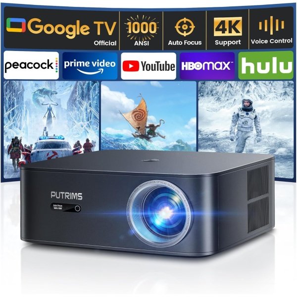 PUTRIMS [1000 ANSI/Google TV/Voice Control]Smart Projector with WiFi 6 and Bluetooth, Netflix-Licensed 4K Support, Outdoor Movie Proyector, 1080P Home Ceiling Auto Focus Projector, PUTRIMS K12 Gray