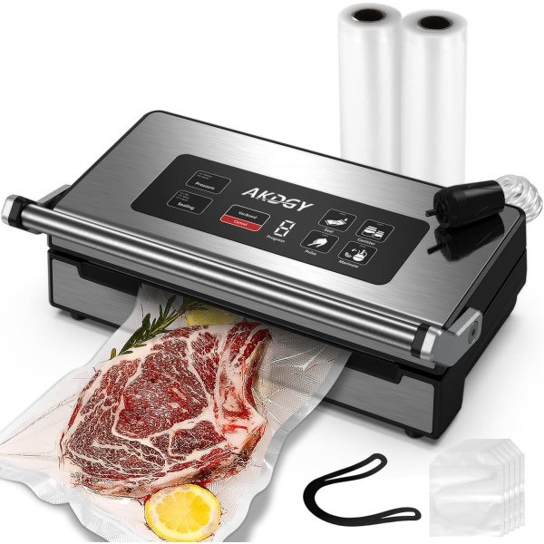 90Kpa Food Vacuum Sealer, Stainless Steel Vacuum Sealer Machine for Food with Double Heat Seal & Double Pump, Food Sealer Dry/Moist/Liquid Modes, Roll Storage and Cutter, Easy-Lock Handle and Clean